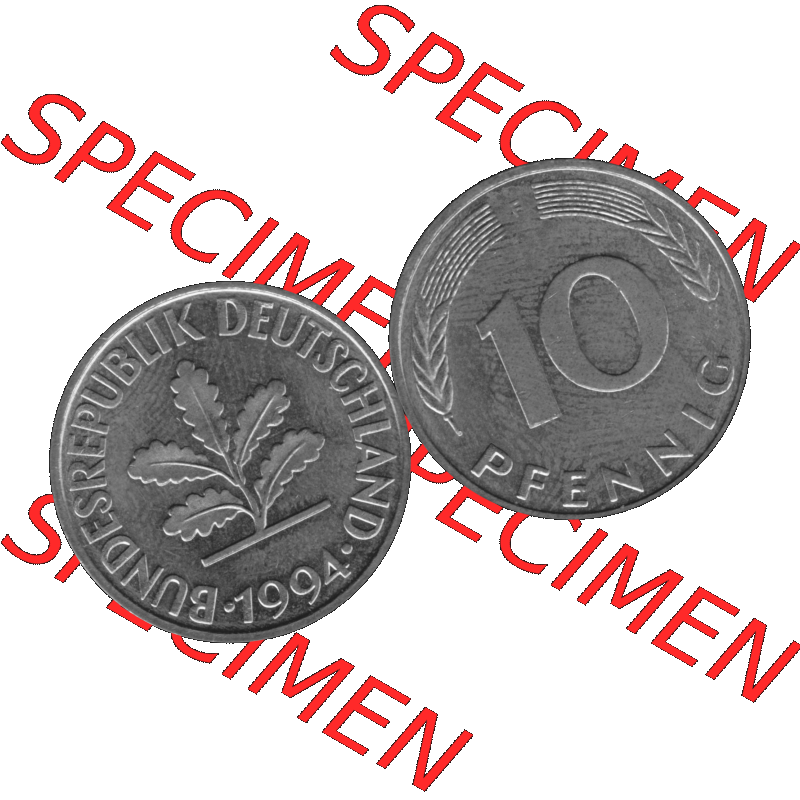 BRD Münzen 10 Pf. Umlaufmünze in PNG 1950-2001, 10 Pfennig 1994 F-01 Graustufen. Graustufen-Bild aus Farbigen Bilder mit Vorderseite und Rückseite mit Wert-Zahl auf einen... Sammlung