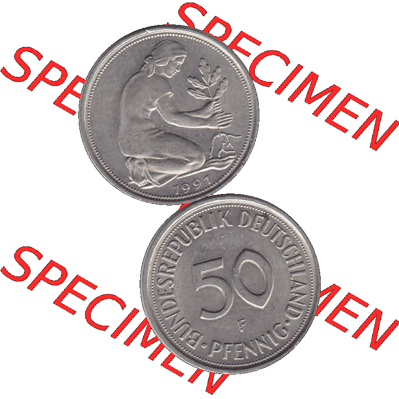 BRD Münzen 50 Pf. Umlaufmünze in PNG 1950-2001, 50 Pfennig BRD Deutschland 1991 Stuttgart F-1. Transparente Vorderseite und Rückseite der Münze vertikal untereinander... Sammlung