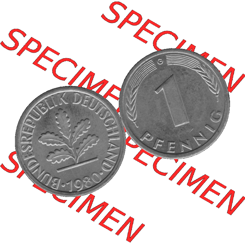 BRD Münzen 1 Pfennig BRD-Deutschland Umlaufmünze in Graustufen PNG 1950-2001, 1 Pfennig 1980, 1980er Jahre Münzstätte Karlsruhe G-01. Graustufen-Bilder der Vorderseite... Sammlung