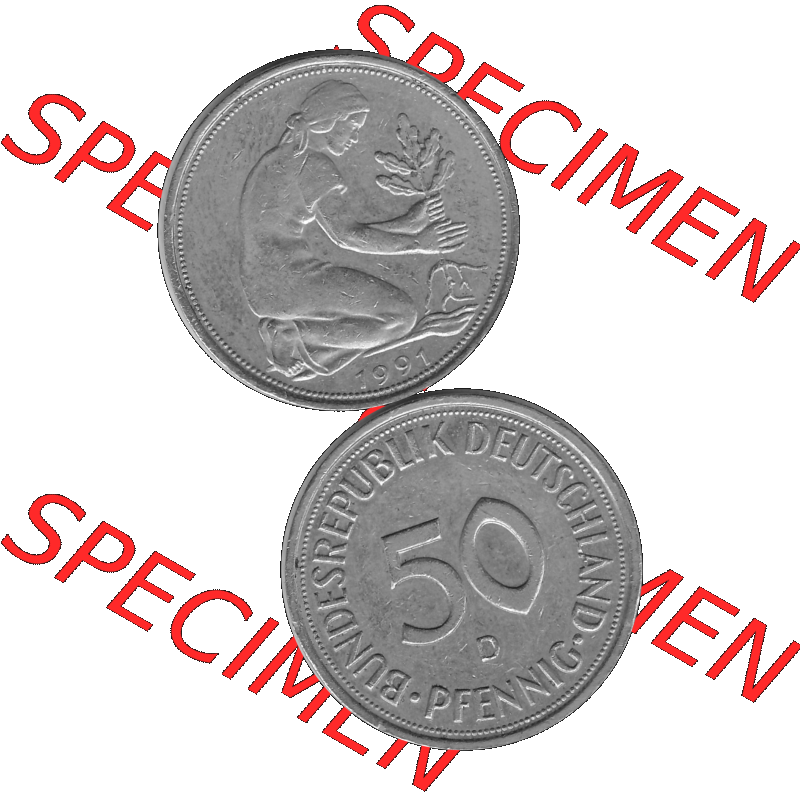 BRD Münzen Deutschland D 50 Pf. Umlaufmünze in Graustufen PNG 1950-2001, 50 Pfennig 1991 Münzzeichen "D" für München - "D"-01 Graustufen.... Sammlung