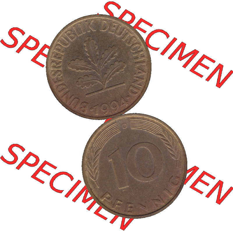 BRD Münzen 10 Pf. Umlaufmünze in PNG 1950-2001, 10 Pfennig 1994 D-01. Vorderseite und Rückseite auf einen Bild / Foto vertikal untereinander zusammengefügt,... Sammlung