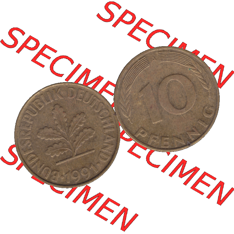 BRD Münzen 10 Pf. Umlaufmünze in PNG 1990-2001, 10 Pfennig 1991 A-03. Vorderseite und Rückseite mit Wert-Zahl auf einen Bild / Foto der digitalisierten 10 Pfennig... Sammlung