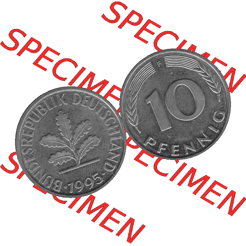 BRD Münzen 10 Pf. Umlaufmünze in PNG 1950-2001, 10 Pfennig 1995 F-04 Graustufen. Graustufen-Bild aus Farbigen Bilder mit Vorderseite und Rückseite mit Wert-Zahl auf einen... Sammlung