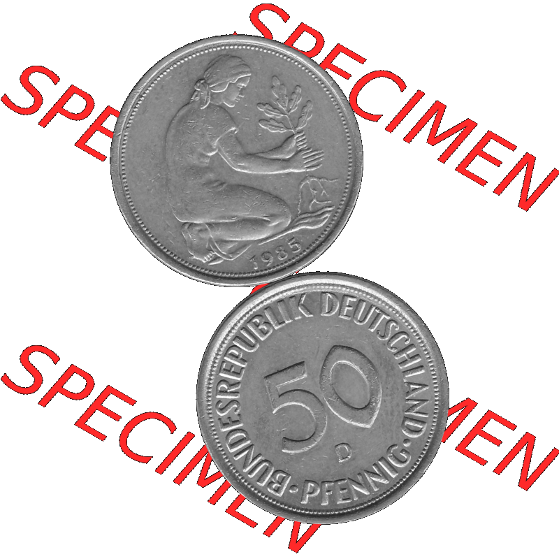 BRD Münzen Deutschland D 50 Pf. Umlaufmünze in Graustufen PNG 1950-2001, 50 Pfennig 1985 Münzzeichen "D" für München - "D"-01 Graustufen.... Sammlung