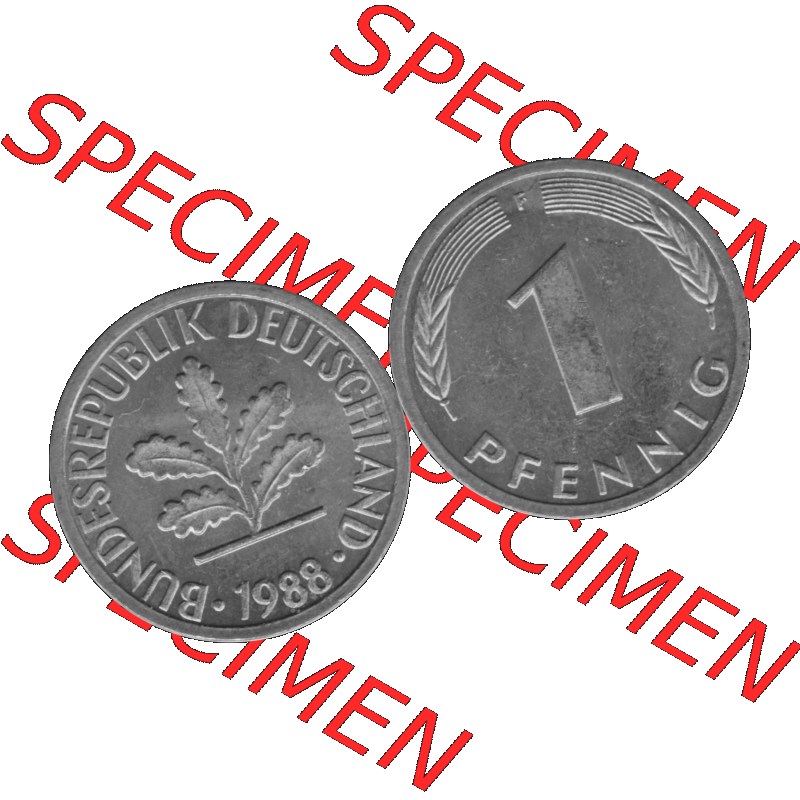 BRD Münzen 1 Pfennig Umlaufmünze in Graustufen PNG 1950-2001, 1 Pfennig 1988, 1980er Jahre Mzz. F-01. Graustufen-Bild aus Farbigen Bilder mit Vorderseite und Rückseite... Sammlung