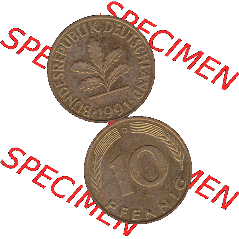 BRD Münzen 10 Pf. Umlaufmünze in PNG 1950-2001, 10 Pfennig 1991 D-01. Vorderseite und Rückseite auf einen Bild / Foto vertikal untereinander zusammengefügt,... Sammlung