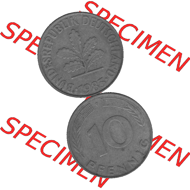BRD Münzen 10 Pf. Umlaufmünze in PNG 1950-2001, 10 Pfennig 1985 F-01 Graustufen. Graues-Bild aus farbigen Bild erstellt mit Vorderseite und Rückseite auf einen Bild /... Sammlung