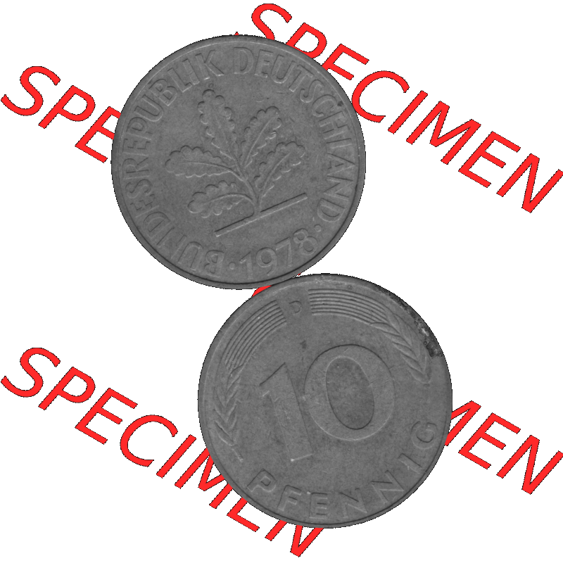 BRD Münzen 10 Pf. Umlaufmünze in PNG 1950-2001, 10 Pfennig 1978 D-01 Graustufen. Graustufen-Bild erstellt aus Farbigen Bild mit Vorderseite und Rückseite auf einen Bild... Sammlung