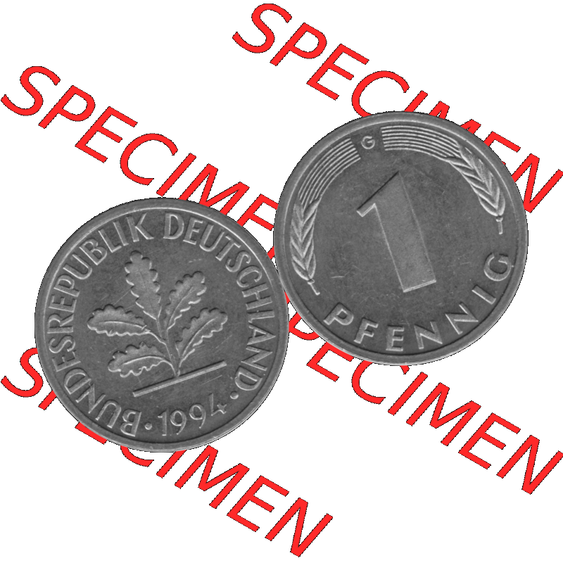 BRD Münzen 1 Pfennig BRD-Deutschland Umlaufmünze in Graustufen PNG 1950-2001, 1 Pfennig 1994, 1990er Jahre Münzstätte Karlsruhe G-01. Graustufen-Bilder der Vorderseite... Sammlung