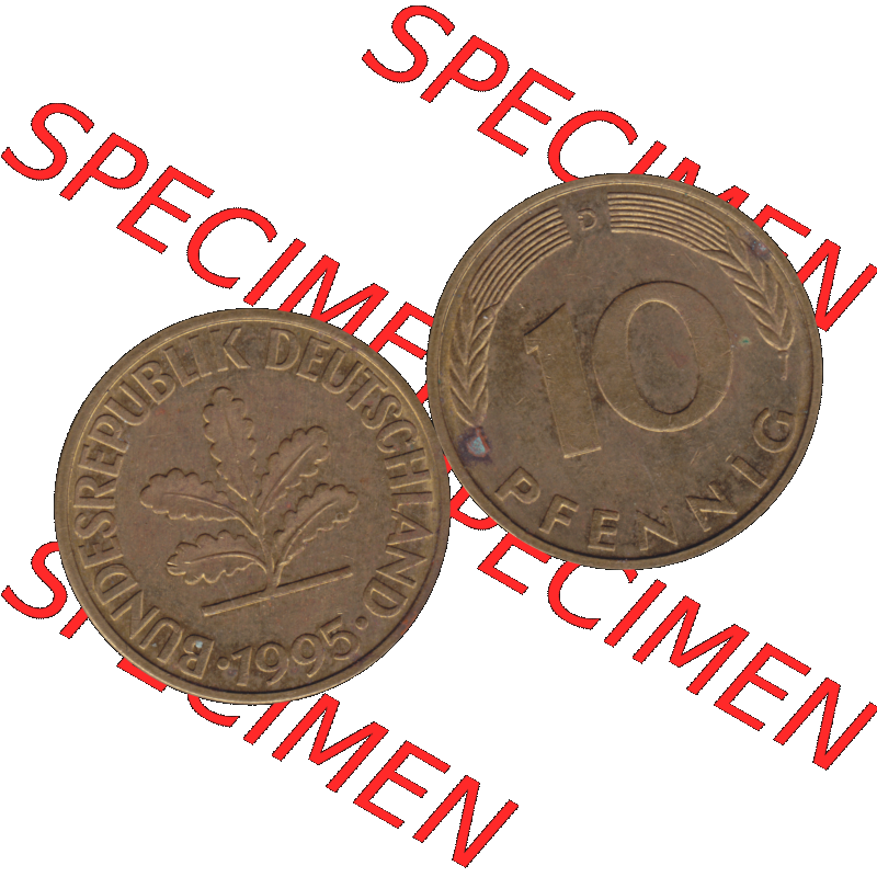 BRD Münzen 10 Pf. Umlaufmünze in PNG 1950-2001, 10 Pfennig 1995 D-12. Vorderseite und Rückseite mit Wert-Zahl auf einen Bild / Foto der digitalisierten 10 Pfennig... Sammlung