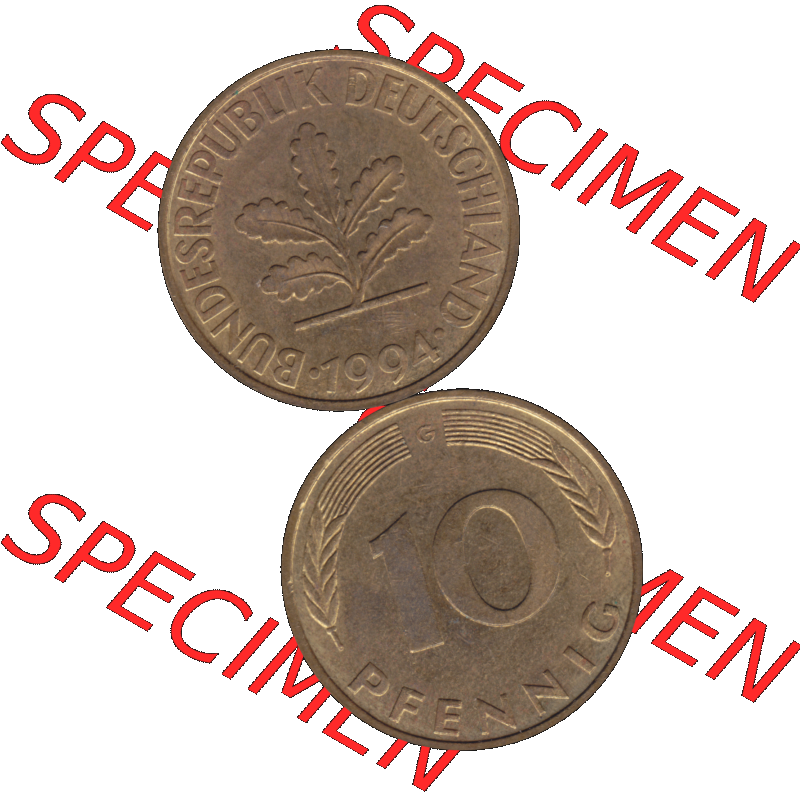 BRD Münzen 10 Pf. Umlaufmünze in PNG 1950-2001, 10 Pfennig 1994 G-01. Vorderseite und Rückseite auf einen Bild / Foto vertikal untereinander zusammengefügt,... Sammlung
