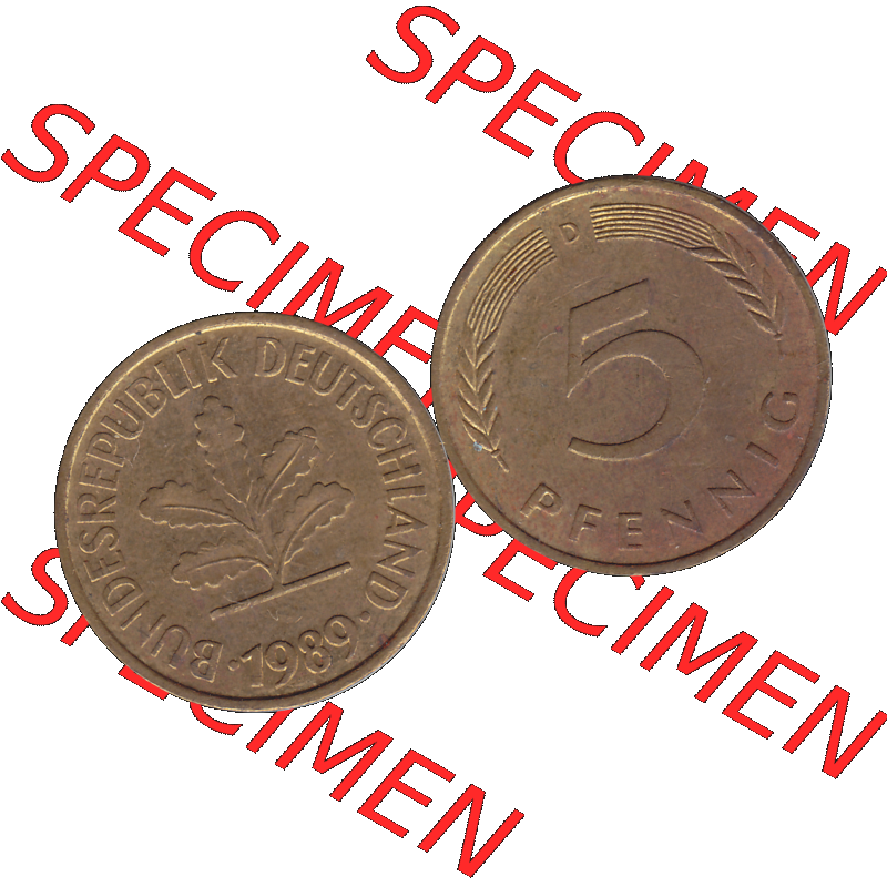 BRD Münzen 5 Pf., Umlaufmünze 1950-2001, 5 Pfennig Deutschland der BRD, 1989 Münzstätte München Mzz. D-01. Vorderseite und Rückseite... Sammlung