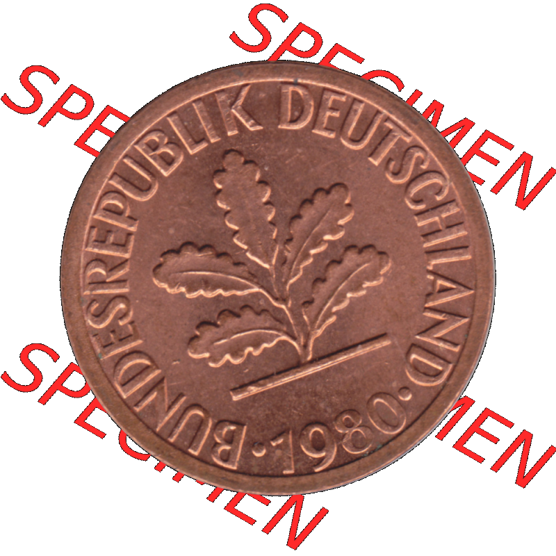 BRD Münzen 1 Pfennig Umlaufmünze in PNG 1950-2001, 1 Pfennig 1980, 1980er Jahre Stuttgart F-01. Vorderseite der digitalisierte 1 / Ein - Pfennig BRD F, mit Mzz.... Sammlung