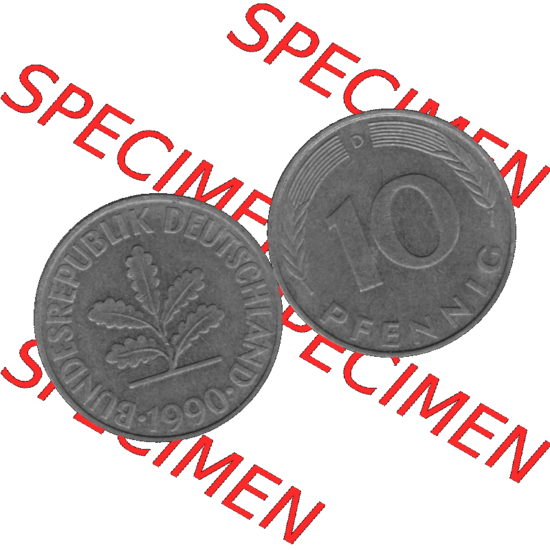 BRD Münzen 10 Pf. Umlaufmünze in PNG 1950-2001, 10 Pfennig 1990 D-01 Graustufen. Graustufen-Bilder der Vorderseite und Rückseite mit Wert-Zahl auf einen Bild / Foto... Sammlung