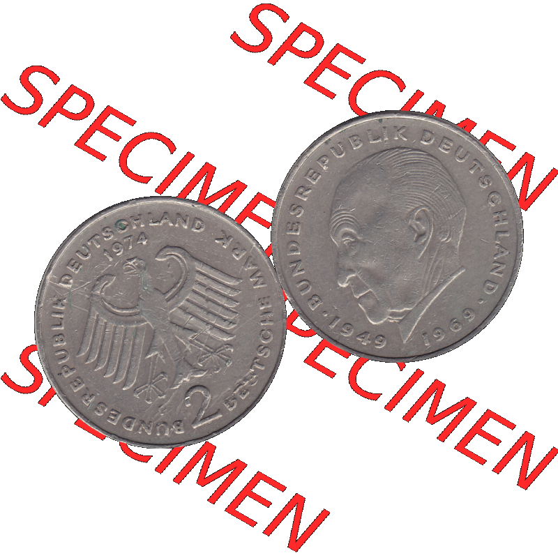 BRD Münzen 2 DM, Gedenkmünze in PNG 1969-1987, 2 DM, Deutsche Mark Konrad Adenauer 1974 Münzzeichen Mzz Stuttgart F-1. Vorderseite und Rückseite mit Deutschen... Sammlung