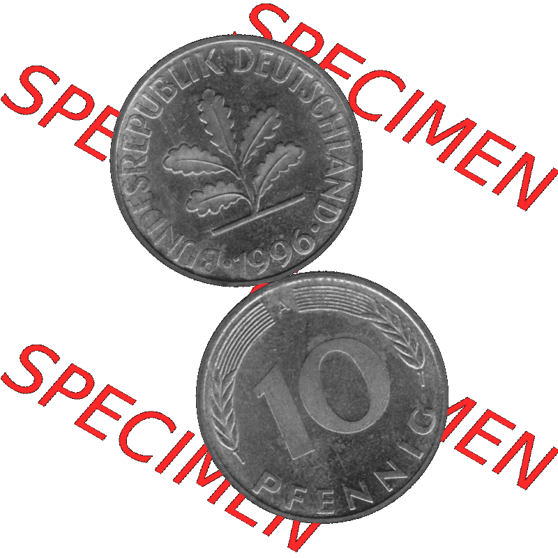 BRD Münzen 10 Pf. Umlaufmünze in PNG 1990-2001, 10 Pfennig 1996 A-02 Graustufen. Graustufen-Bilder mit Vorderseite und Rückseite auf einen Bild / Foto vertikal untereinander... Sammlung