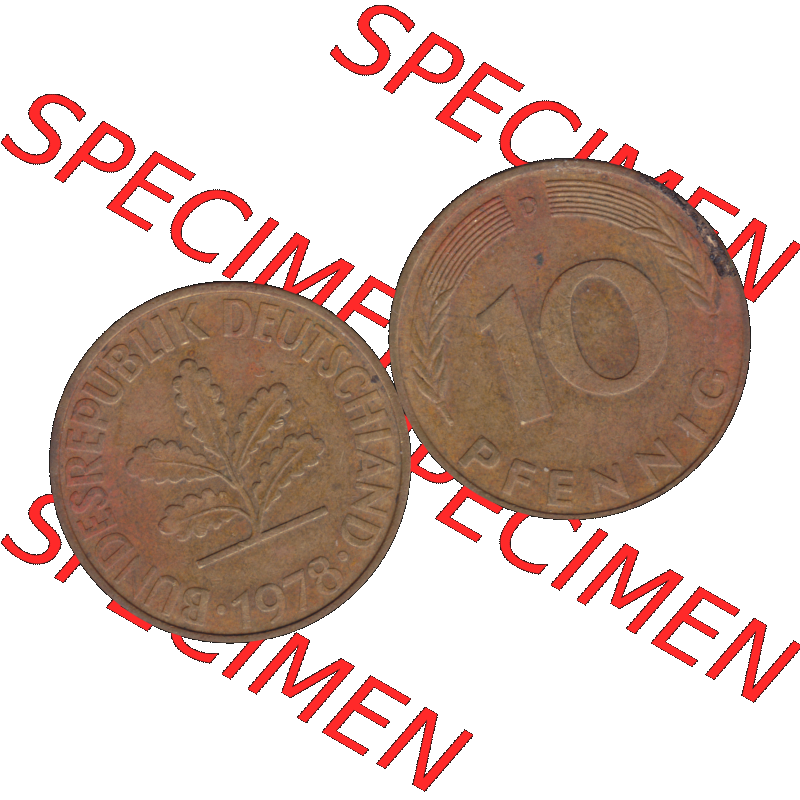 BRD Münzen 10 Pf. Umlaufmünze in PNG 1950-2001, 10 Pfennig 1978 D-01. Vorderseite und Rückseite mit Wert-Zahl auf einen Bild / Foto der digitalisierten 10 Pfennig... Sammlung
