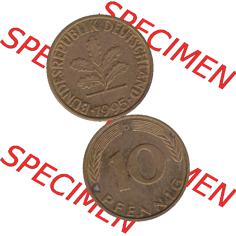 BRD Münzen 10 Pf. Umlaufmünze in PNG 1950-2001, 10 Pfennig 1995 D-12. Vorderseite und Rückseite auf einen Bild / Foto vertikal untereinander zusammengefügt,... Sammlung