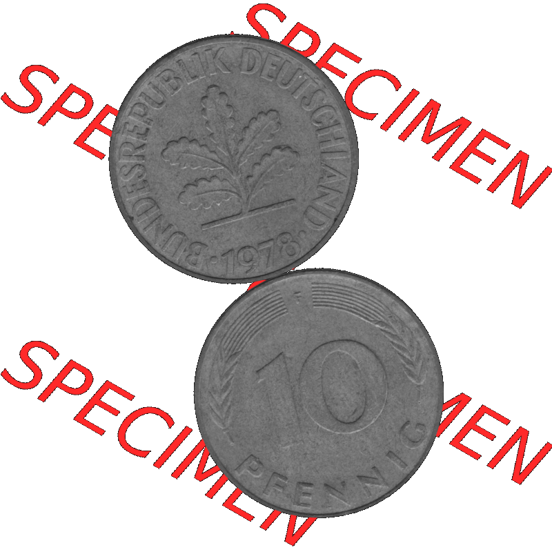 BRD Münzen 10 Pf. Umlaufmünze in PNG 1950-2001, 10 Pfennig 1978 F-01 Graustufen. Graues-Bild aus farbigen Bild erstellt mit Vorderseite und Rückseite auf einen Bild /... Sammlung