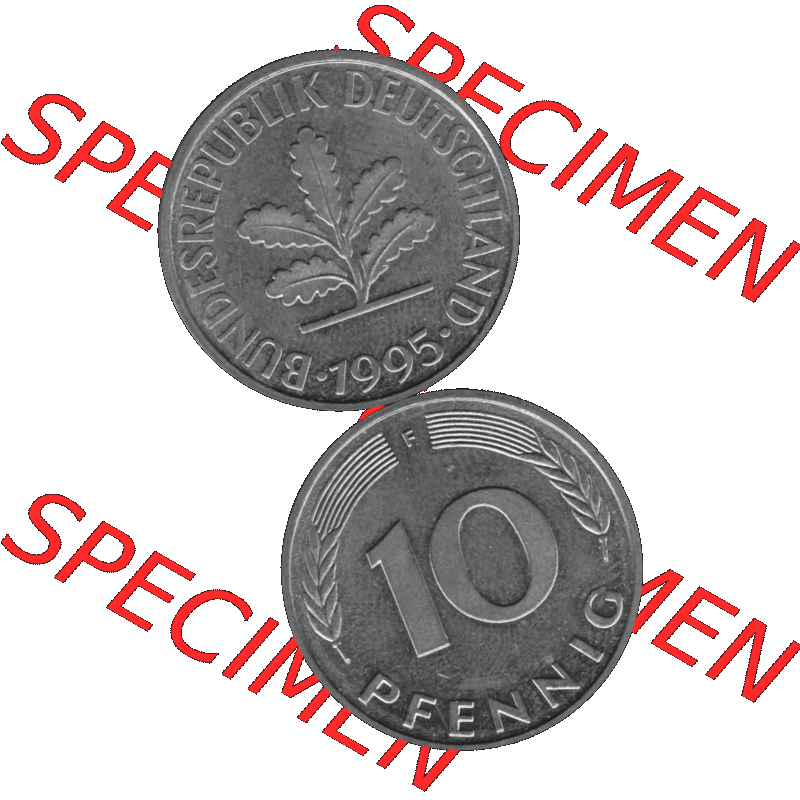 BRD Münzen 10 Pf. Umlaufmünze in PNG 1950-2001, 10 Pfennig 1995 F-04 Graustufen. Graues-Bild aus farbigen Bild erstellt mit Vorderseite und Rückseite auf einen Bild /... Sammlung