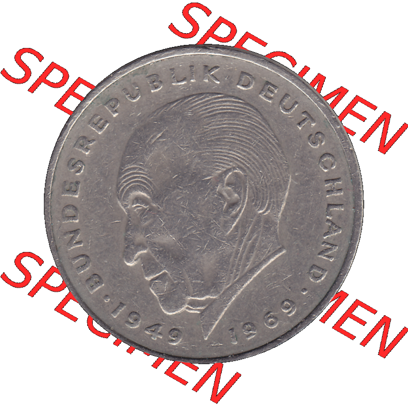 BRD Münzen 2 DM, Gedenkmünze in PNG 1969-1987, 2 DM, Deutsche Mark Konrad Adenauer 1971 Münzzeichen Mzz Stuttgart F-1. Rückseite mit Wert-Zahl von 2 Deutsche... Sammlung