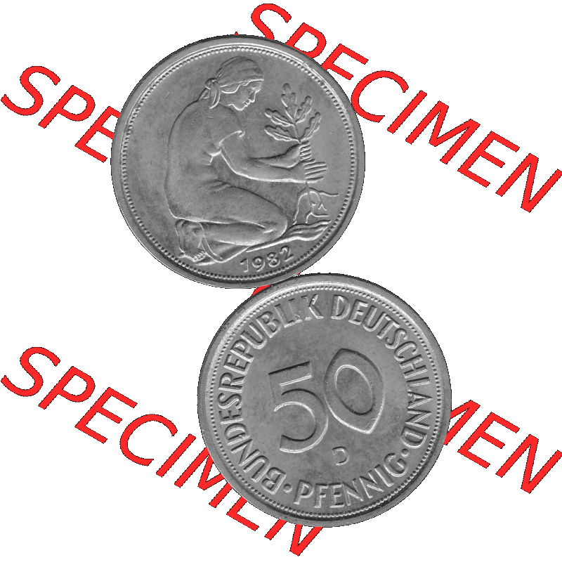 BRD Münzen Deutschland D 50 Pf. Umlaufmünze in Graustufen PNG 1950-2001, 50 Pfennig 1982 Münzzeichen "D" für München - "D"-01 Graustufen.... Sammlung