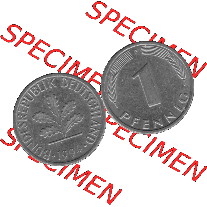 BRD Münzen 1 Pfennig Umlaufmünze in Graustufen PNG 1950-2001, 1 Pfennig 1994, 1990er Jahre Mzz. F-01. Graustufen-Bild aus Farbigen Bilder mit Vorderseite und Rückseite... Sammlung