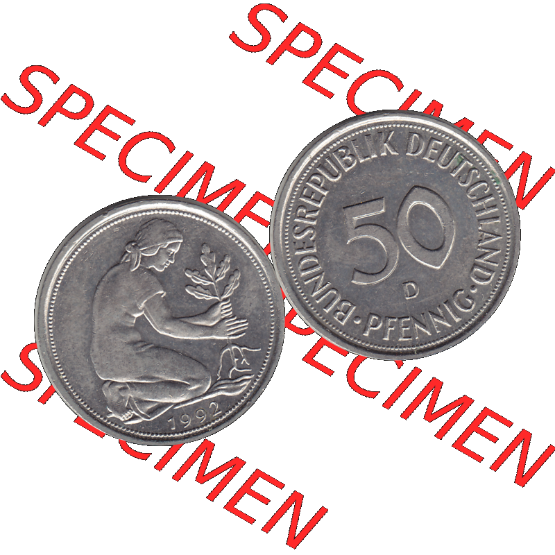 BRD Münzen 50 Pf. Umlaufmünze in PNG 1950-2001, 50 Pfennig BRD Deutschland 1992 München D-1. Transparente Vorderseite und Rückseite als PNG-Grafik mit Wert-Zahl... Sammlung