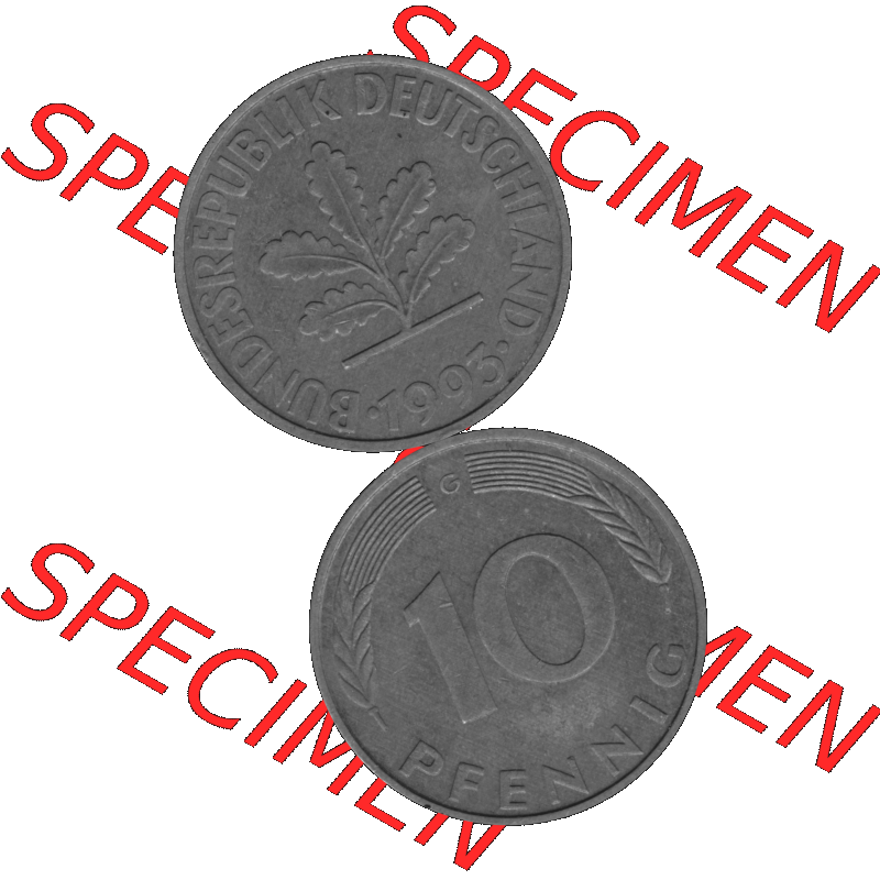 BRD Münzen 10 Pf. Umlaufmünze in PNG 1950-2001, 10 Pfennig 1993 G-01 Graustufen. Graustufen PNG-Bild, erstellt aus farbigen Vorlagen-Bild mit Vorderseite und Rückseite... Sammlung