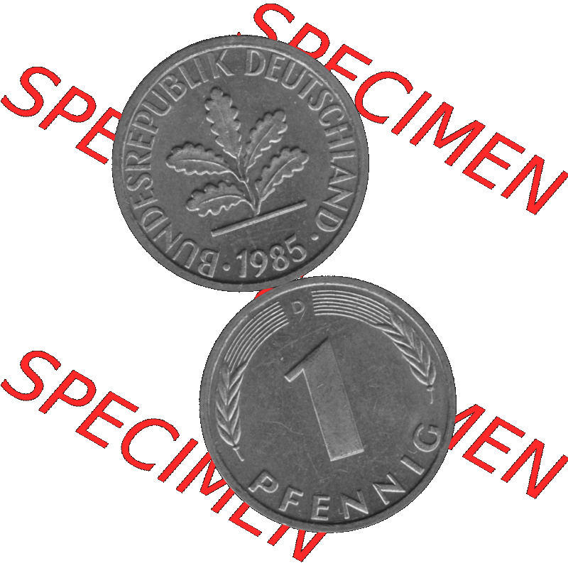 BRD Münzen 1 Pfennig Umlaufmünze in Graustufen PNG 1950-2001, 1 Pfennig 1985 München D-01. Graustufen-Bild erstellt aus Farbigen Bild mit Vorderseite und Rückseite auf... Sammlung
