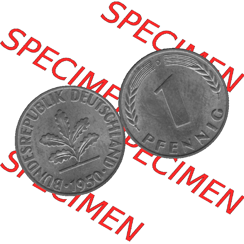 BRD Münzen 1 Pfennig Umlaufmünze in Graustufen PNG 1950-2001, 1 Pfennig 1950 München D-01. Graustufen-Bilder der Vorderseite und Rückseite mit Wert-Zahl auf einen Bild... Sammlung