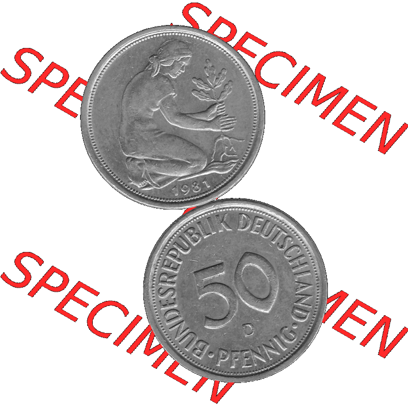 BRD Münzen Deutschland D 50 Pf. Umlaufmünze in Graustufen PNG 1950-2001, 50 Pfennig 1981 Münzzeichen "D" für München - "D"-01 Graustufen.... Sammlung