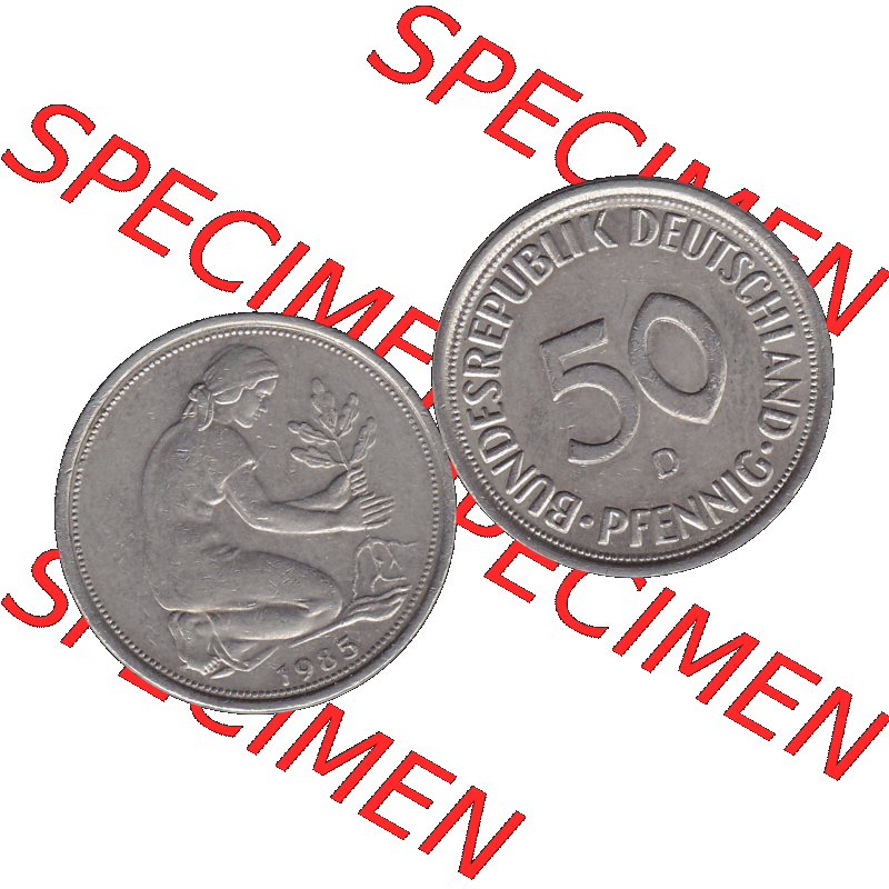 BRD Münzen 50 Pf. Umlaufmünze in PNG 1950-2001, 50 Pfennig BRD Deutschland 1985 D-01. 50 Pfennig Münze der 1980-er Jahre, Vorderseite und Rückseite mit Wert-Zahl... Sammlung