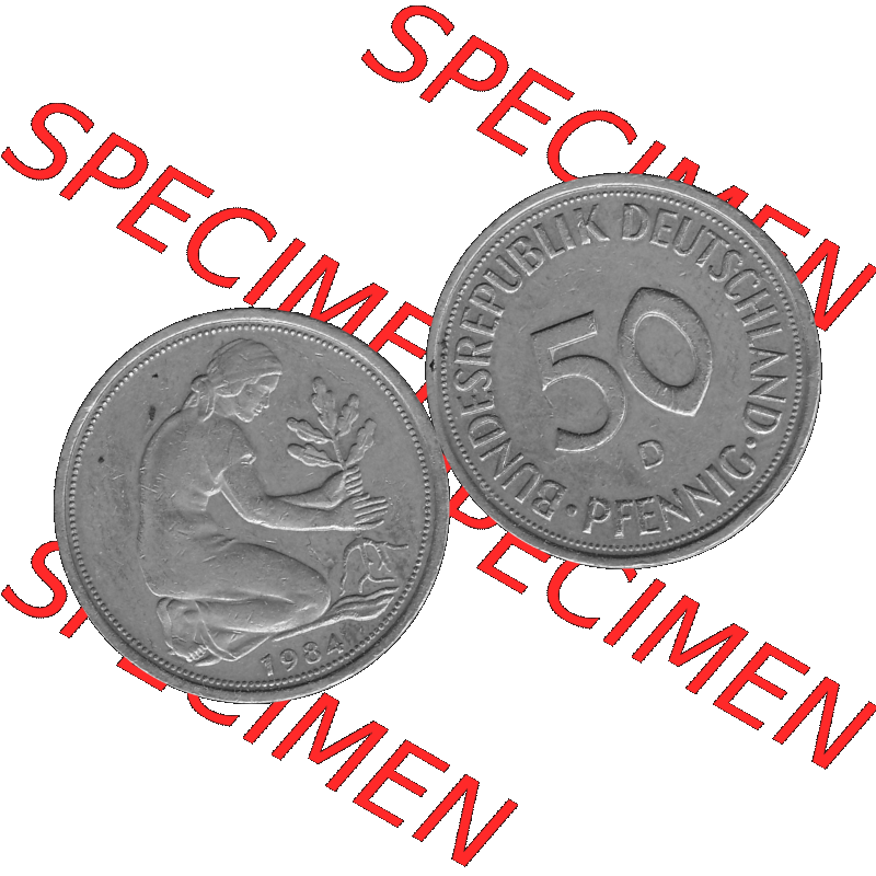 BRD Münzen Deutschland D 50 Pf. Umlaufmünze in Graustufen PNG 1950-2001, 50 Pfennig 1984 Münzzeichen "D" für München - "D"-01 Graustufen.... Sammlung
