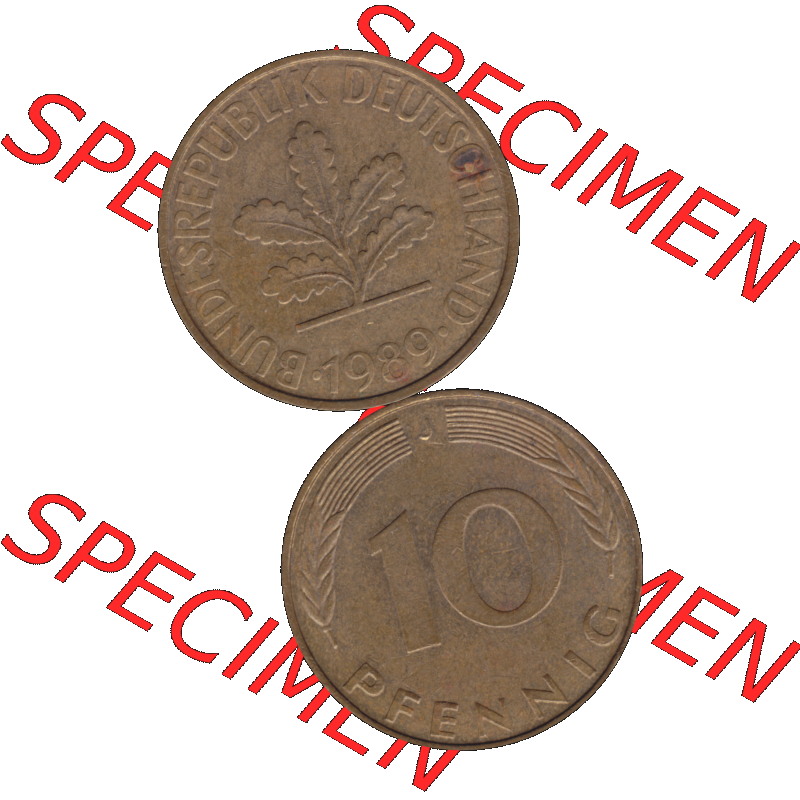 BRD Münzen 10 Pf. Umlaufmünze in PNG 1950-2001, 10 Pfennig der Bundesrepublik Deutschland 1989 Münzstätte Hamburg Mzz. J-12. Vorderseite und Rückseite... Sammlung