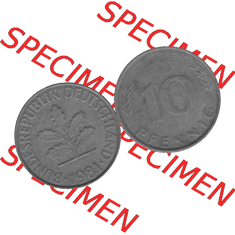 BRD Münzen 10 Pf. Umlaufmünze in PNG 1950-2001, 10 Pfennig 1981 F-01 Graustufen. Graustufen-Bild aus Farbigen Bilder mit Vorderseite und Rückseite mit Wert-Zahl auf einen... Sammlung