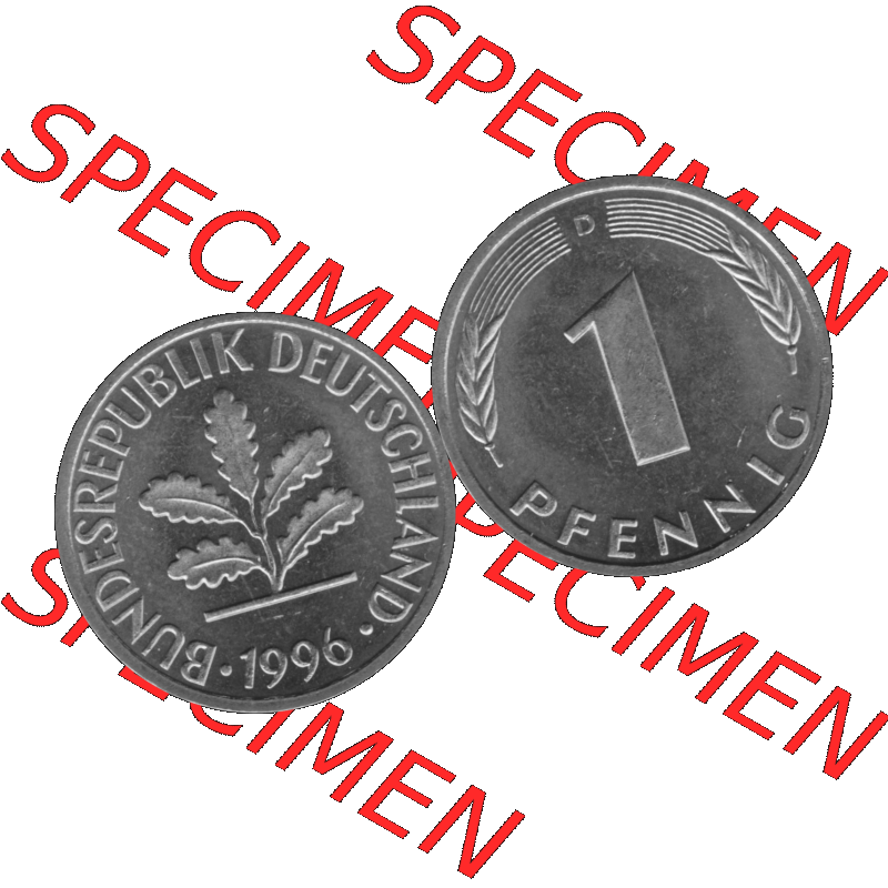 BRD Münzen 1 Pfennig Umlaufmünze in Graustufen PNG 1950-2001, 1 Pfennig 1996 München D-01. Graustufen-Bilder der Vorderseite und Rückseite mit Wert-Zahl auf einen Bild... Sammlung