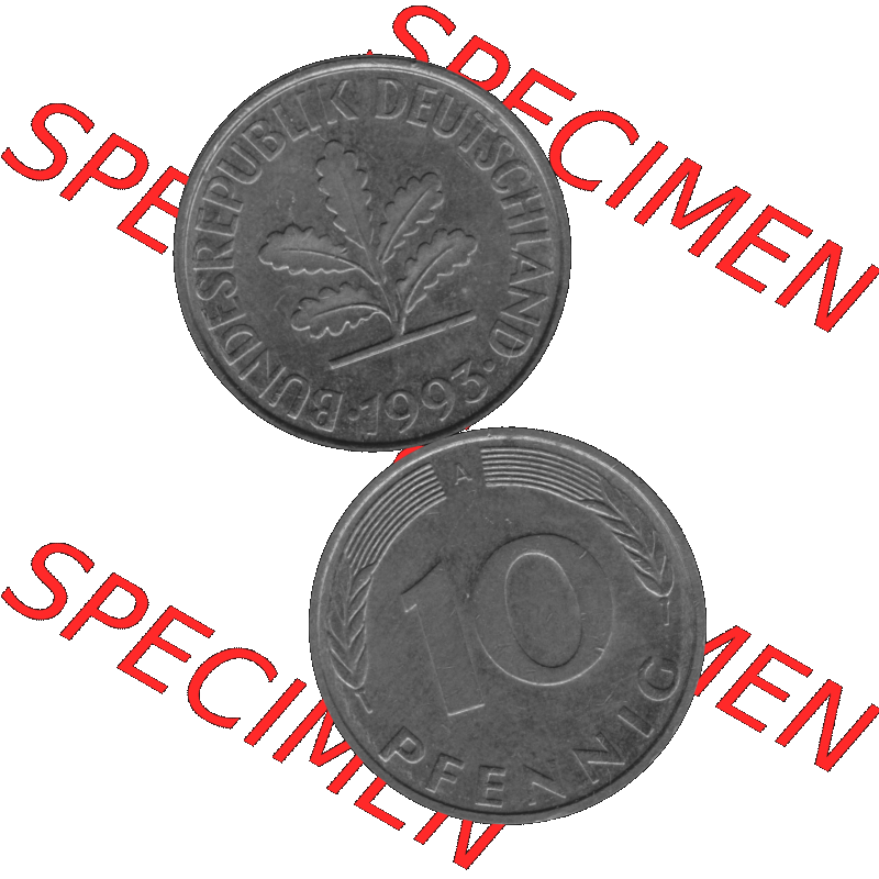 BRD Münzen 10 Pf. Umlaufmünze in PNG 1990-2001, 10 Pfennig 1993 A-01 Graustufen. Graustufen-Bilder mit Vorderseite und Rückseite auf einen Bild / Foto vertikal untereinander... Sammlung