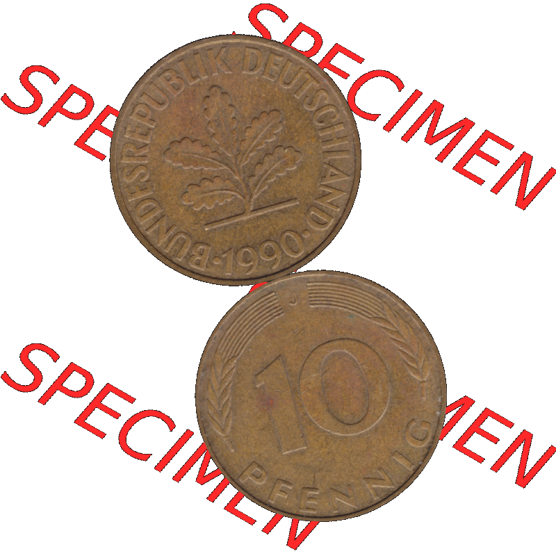 BRD Münzen 10 Pf. Umlaufmünze in PNG 1950-2001, 10 Pfennig der Bundesrepublik Deutschland 1990 Münzstätte Hamburg Mzz. J-01. Vorderseite und Rückseite... Sammlung