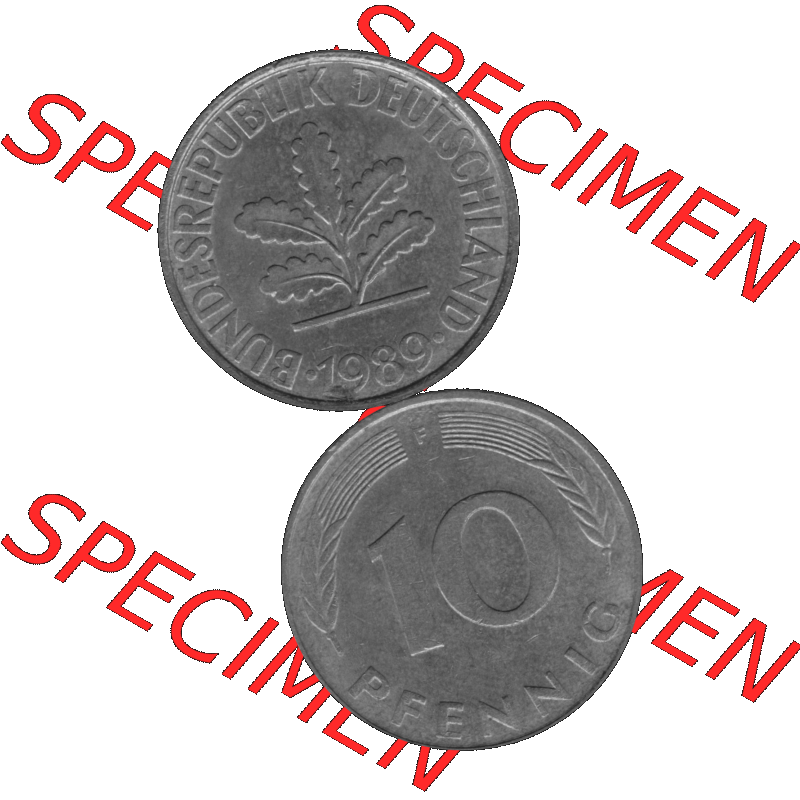 BRD Münzen 10 Pf. Umlaufmünze in PNG 1950-2001, 10 Pfennig 1989 F-01 Graustufen. Graues-Bild aus farbigen Bild erstellt mit Vorderseite und Rückseite auf einen Bild /... Sammlung