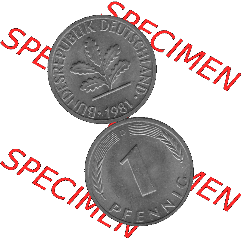 BRD Münzen 1 Pfennig Umlaufmünze in Graustufen PNG 1950-2001, 1 Pfennig 1981 München D-01. Graustufen-Bild erstellt aus Farbigen Bild mit Vorderseite und Rückseite auf... Sammlung