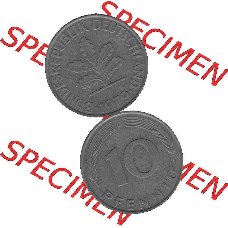 BRD Münzen 10 Pf. Umlaufmünze in PNG 1950-2001, 10 Pfennig 1979 G-01 Graustufen. Graustufen PNG-Bild, erstellt aus farbigen Vorlagen-Bild mit Vorderseite und Rückseite... Sammlung