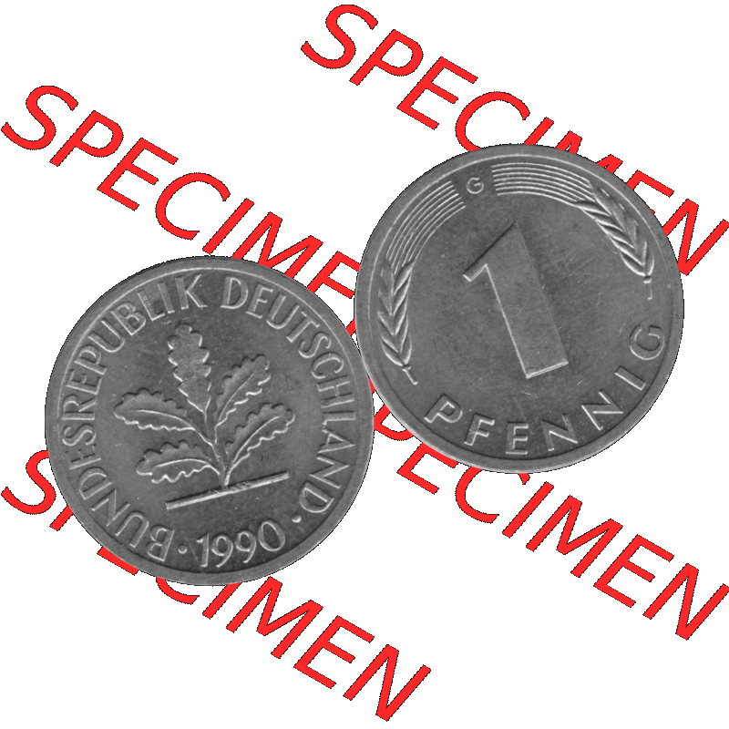 BRD Münzen 1 Pfennig BRD-Deutschland Umlaufmünze in Graustufen PNG 1950-2001, 1 Pfennig 1990, 1990er Jahre Münzstätte Karlsruhe G-01. Graustufen-Bilder der Vorderseite... Sammlung