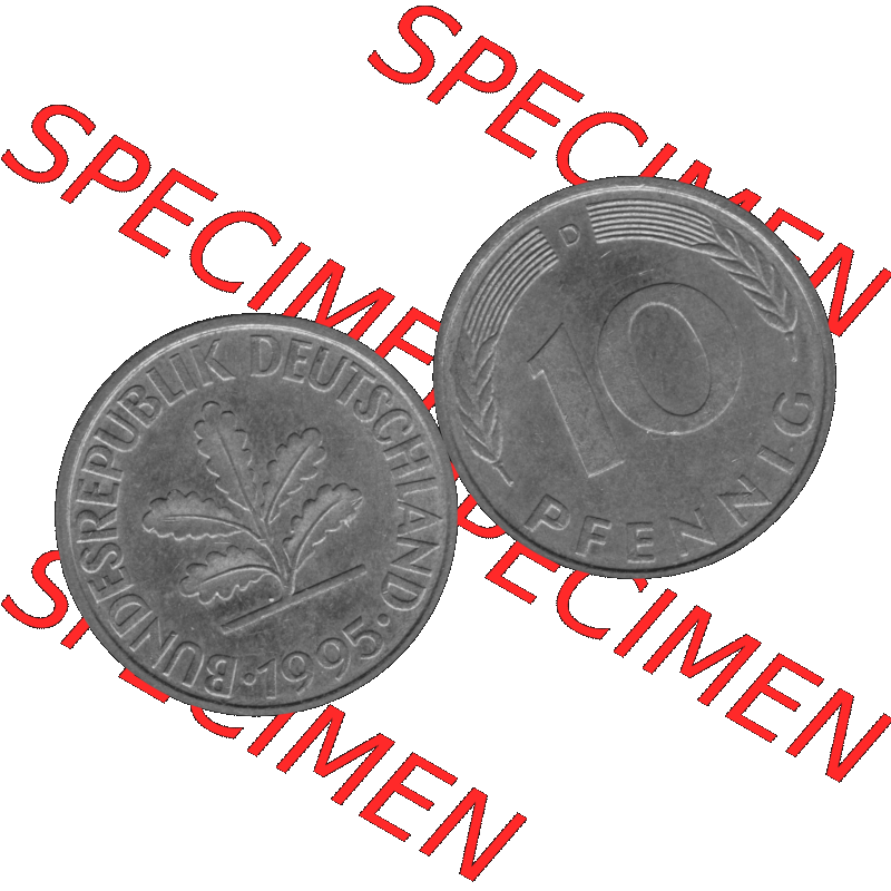 BRD Münzen 10 Pf. Umlaufmünze in PNG 1950-2001, 10 Pfennig 1995 D-03 Graustufen. Graustufen-Bilder der Vorderseite und Rückseite mit Wert-Zahl auf einen Bild / Foto... Sammlung