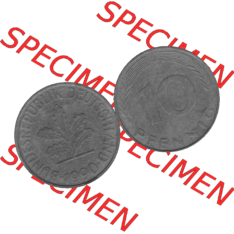 BRD Münzen 10 Pf. Umlaufmünze in PNG 1950-2001, 10 Pfennig 1990 J-02 Graustufen. Graustufen Bild aus zwei Bildern vom Scanner mit Vorderseite und Rückseite mit Wert-Zahl... Sammlung