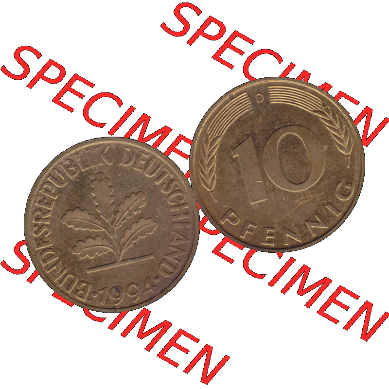 BRD Münzen 10 Pf. Umlaufmünze in PNG 1950-2001, 10 Pfennig 1994 D-03. Vorderseite und Rückseite mit Wert-Zahl auf einen Bild / Foto der digitalisierten 10 Pfennig... Sammlung