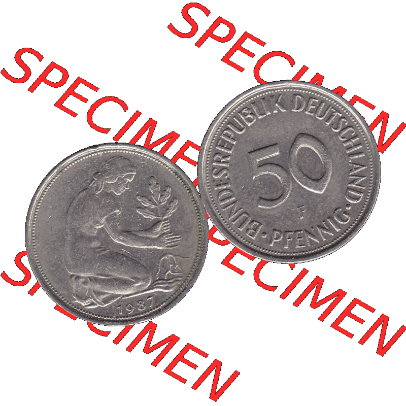 BRD Münzen 50 Pf. Umlaufmünze in PNG 1950-2001, 50 Pfennig 1987 F-01. Vorderseite und Rückseite mit Wert-Zahl auf einen Bild / Foto der digitalisierten 50 Pfennig... Sammlung