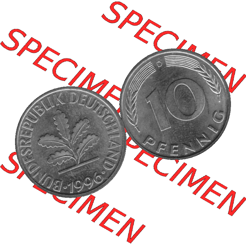 BRD Münzen 10 Pf. Umlaufmünze in PNG 1950-2001, 10 Pfennig 1996 D-01 Graustufen. Graustufen-Bilder der Vorderseite und Rückseite mit Wert-Zahl auf einen Bild / Foto... Sammlung