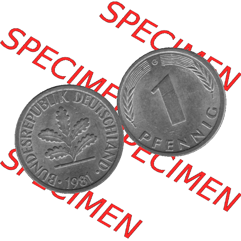 BRD Münzen 1 Pfennig BRD-Deutschland Umlaufmünze in Graustufen PNG 1950-2001, 1 Pfennig 1981, 1980er Jahre Münzstätte Karlsruhe G-01. Graustufen-Bilder der Vorderseite... Sammlung