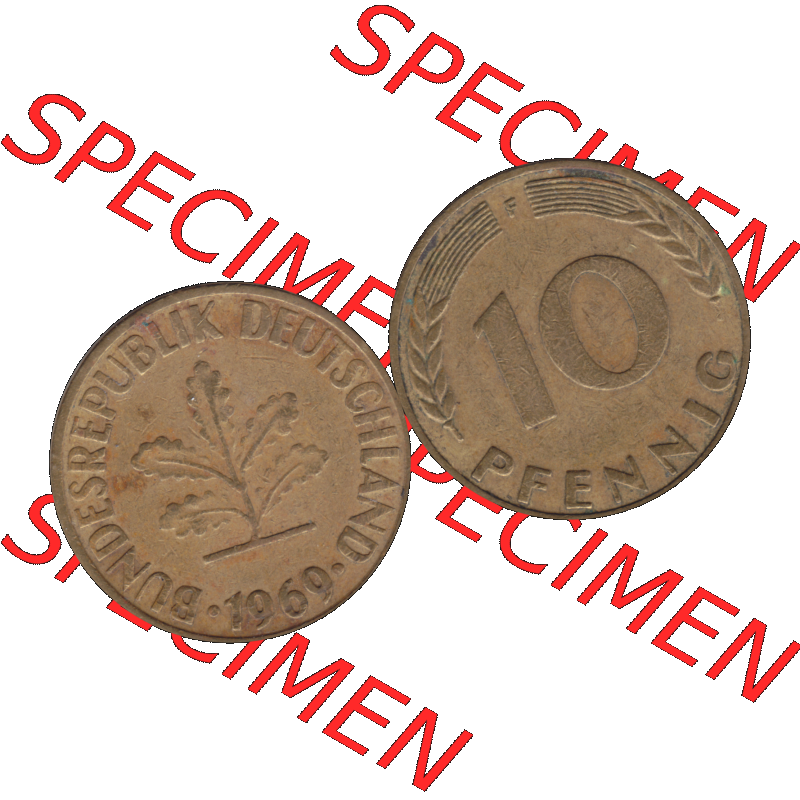 BRD Münzen 10 Pf. Umlaufmünze in PNG 1950-2001, 10 Pfennig 1969 F-08. Vorderseite und Rückseite mit Wert-Zahl auf einen Bild / Foto der digitalisierten 10 Pfennig... Sammlung